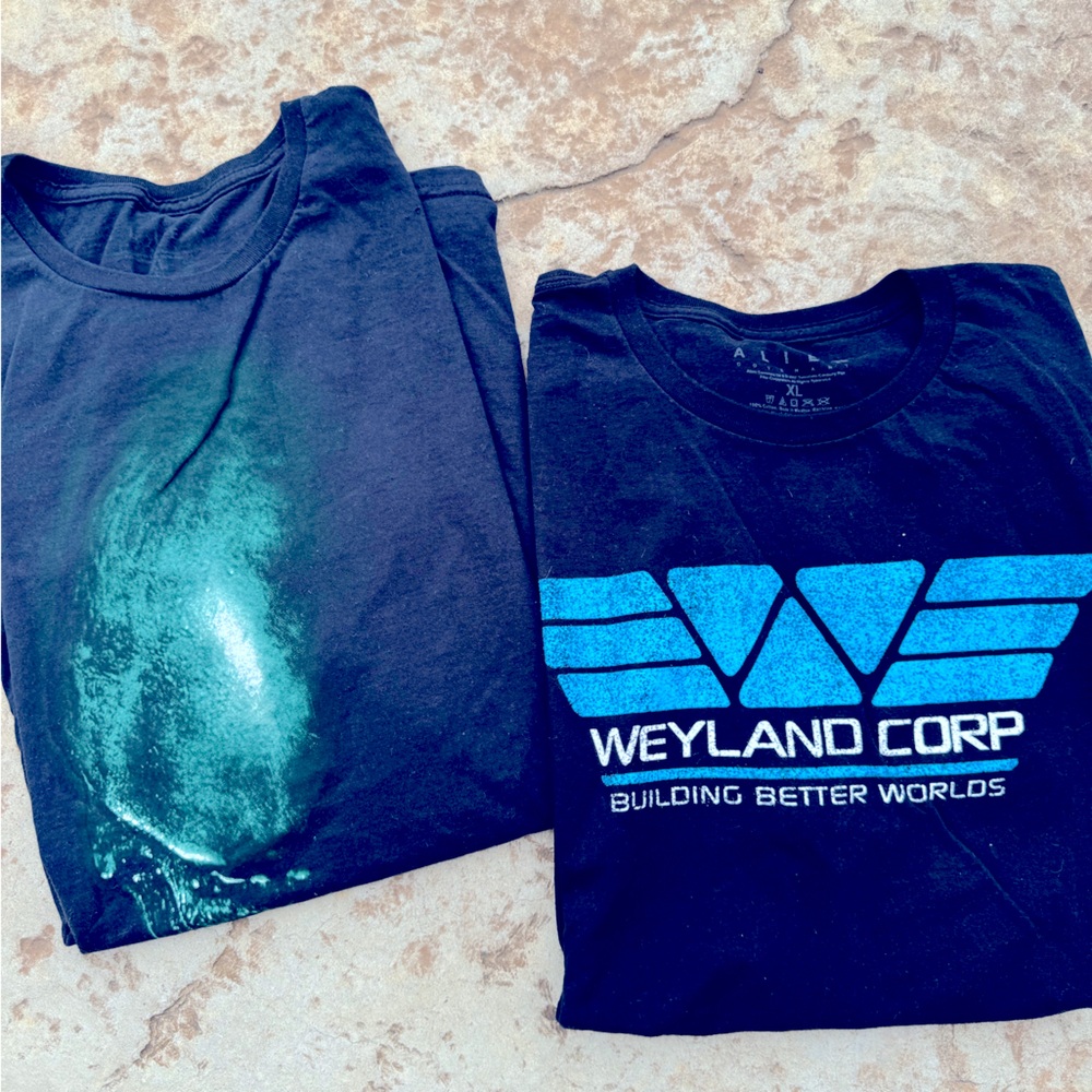 Two (2) SS Black tshirts - ALIENS. Wayland corp Sz xL